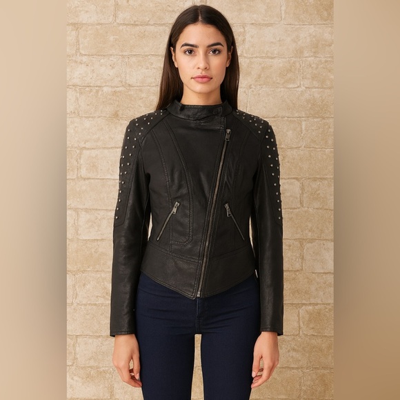 L A Coalition Jacket Black Faux Leather Studded Size XS - Picture 10 of 10